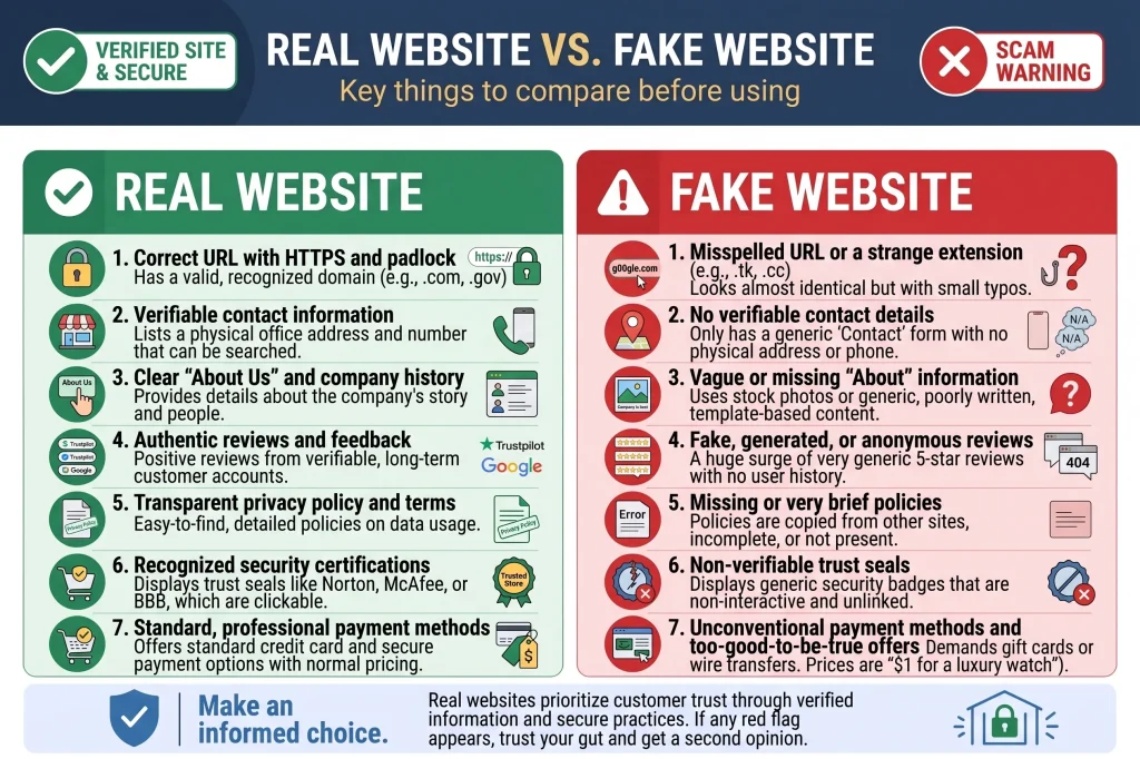 Real website vs. fake website: what to compare